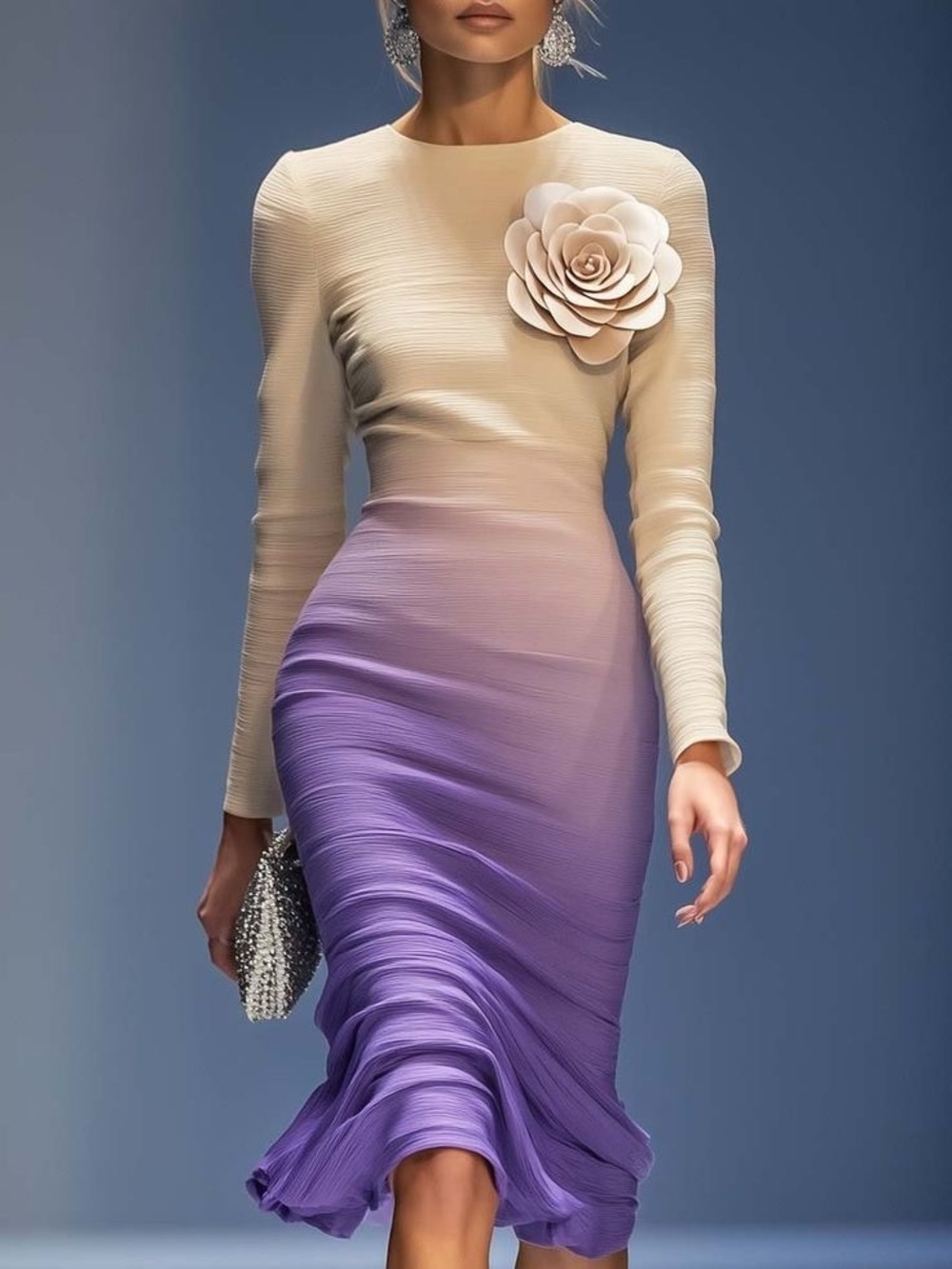 Cream-to-Lilac Ombre Long-Sleeve Midi Dress with Floral Accent
